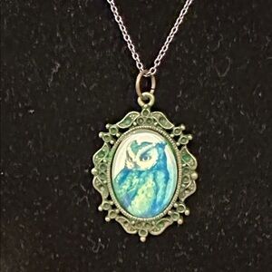 Antique Brass Green Owl Pendant Necklace on a 925 Chain.